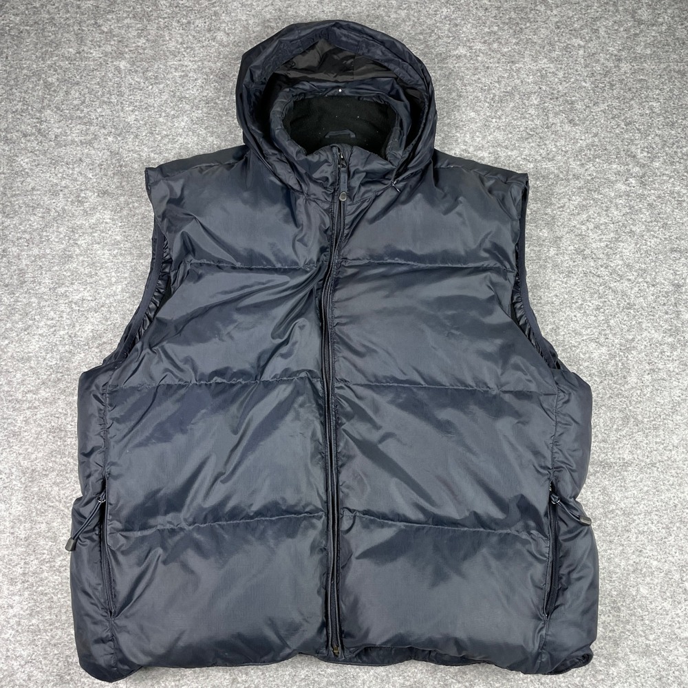 VTG GAP Puffer Vest Mens XXL Blue Down Filled Fleece Lined Stowaway Hood Zip Up
